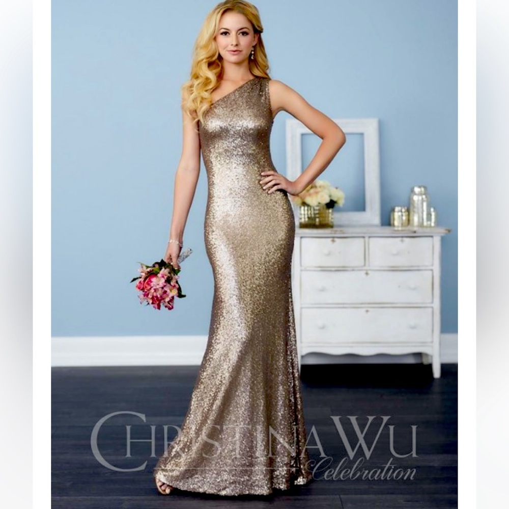 Christina Wu rose gold bridesmaid dress